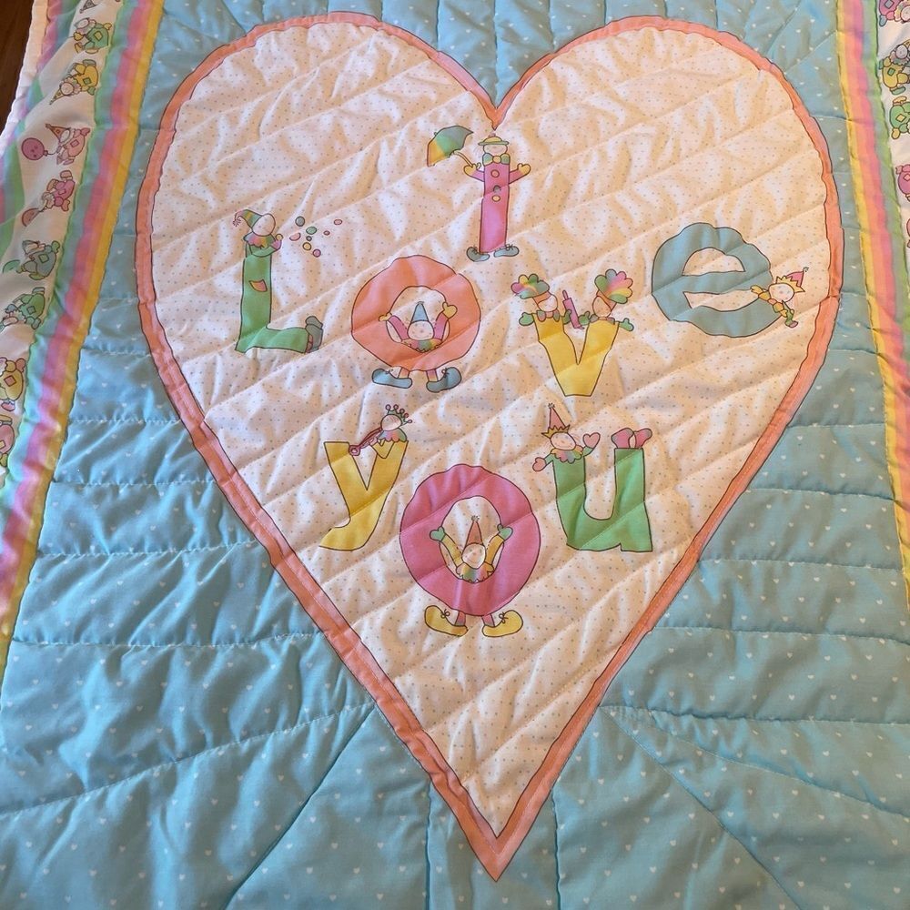 Vintage Quilted I Love You Clown Baby Blanket 39x30